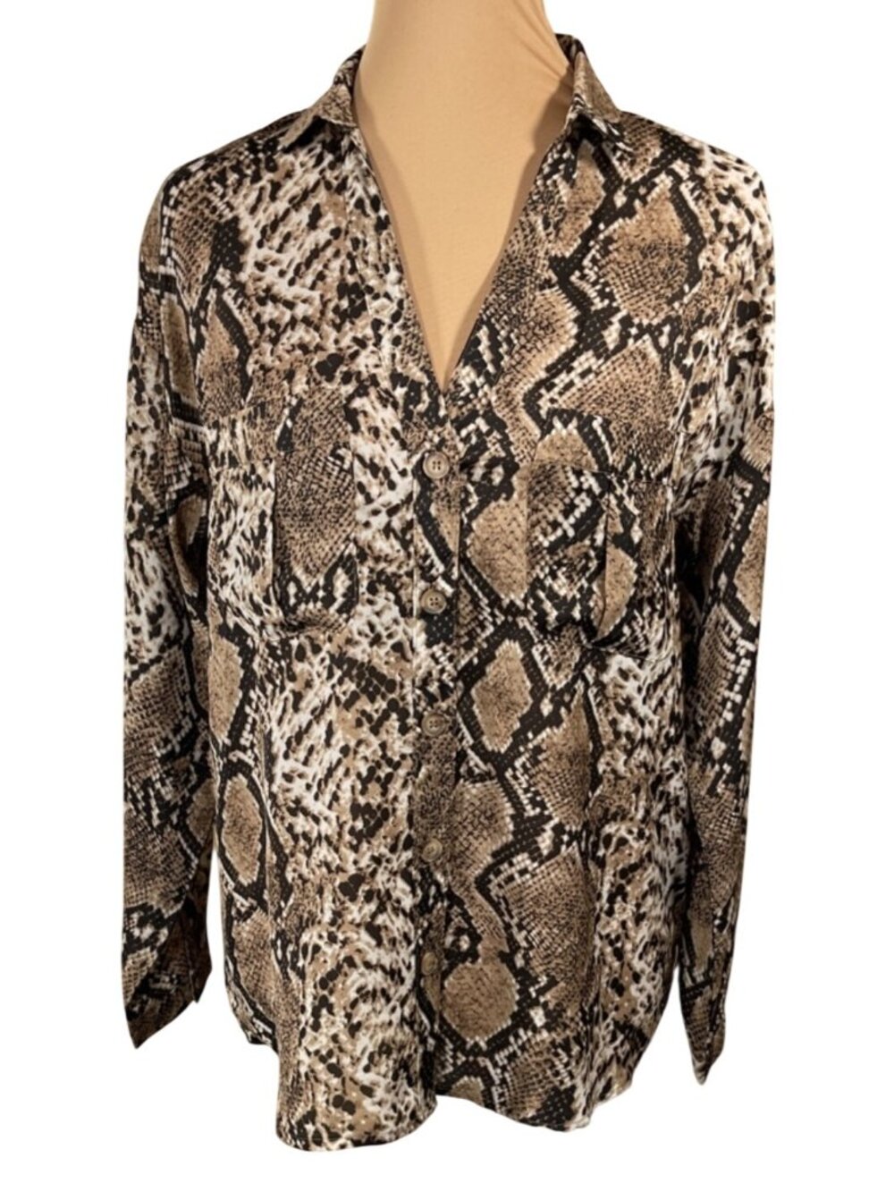 Entro Button Front Blouse Top Size S Small Black Brown Long Sleeve